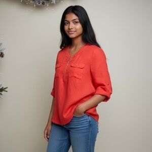 Ellen Tracy Womens Linen Top Size M‎ Zip Front Utility Coastal Office Bright